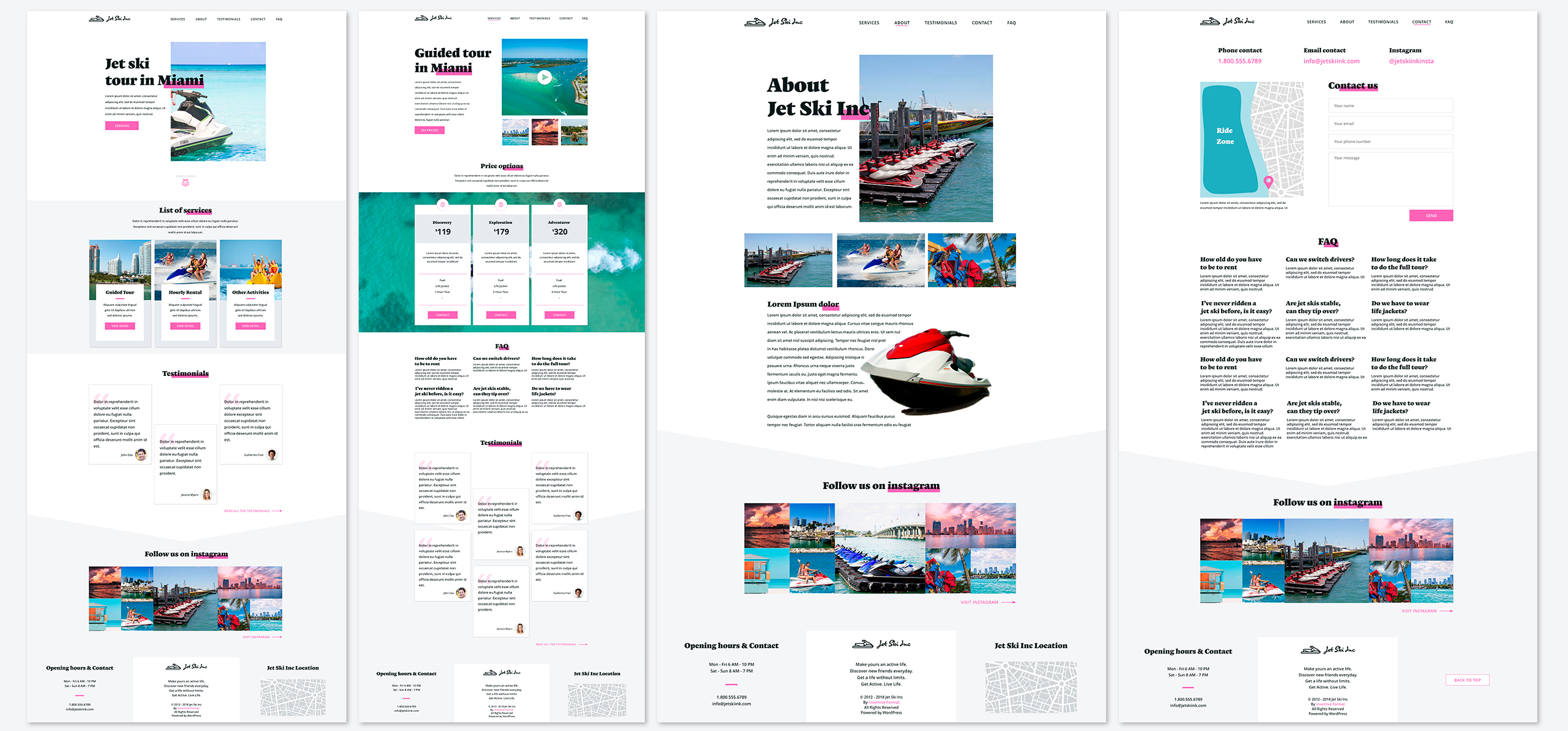 Designs from left to right: Home, Service, About, Contact