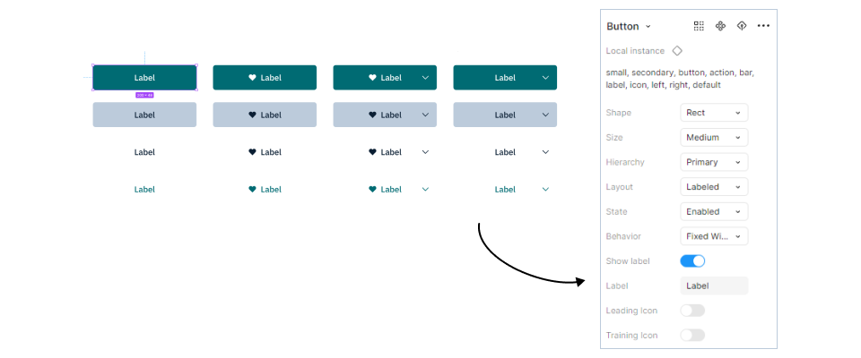 Screenshot of button components in Figma